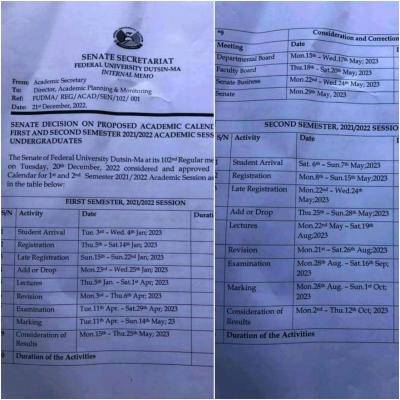 FUDutsin-ma proposed academic calendar for 1st and 2nd semester, 2021/2022