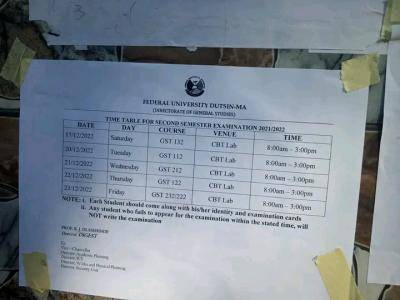 FUDutsinma releases 2nd second semester exam timetable, 2021/2022