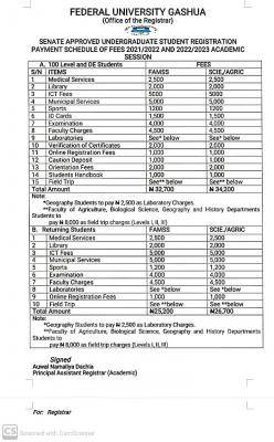 FUGASHUA approved fees scheduled for 2021/2022 & 2022/2023