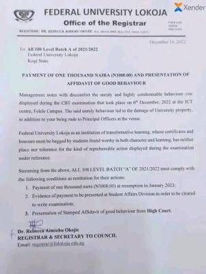 FULOKOJA notice to all 100 level batch A students, 2021/2022