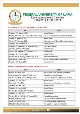 FULafia revised academic calendar 2020/2021 and 2021/2022