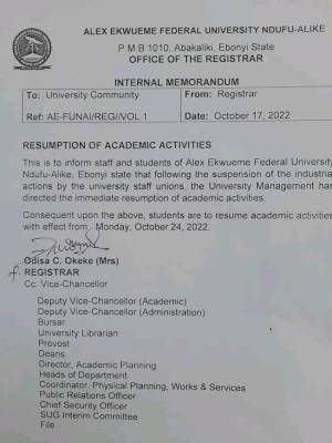 FUNAI notice on resumption to staff & students