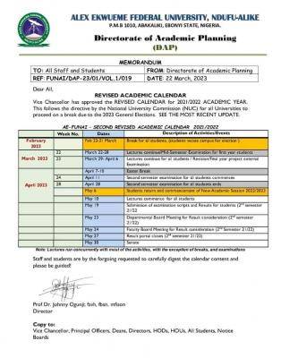 FUNAI revised academic calendar for 2021/2022 session