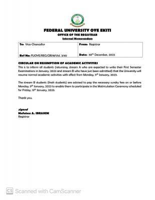 FUOYE circular on resumption of academic activities