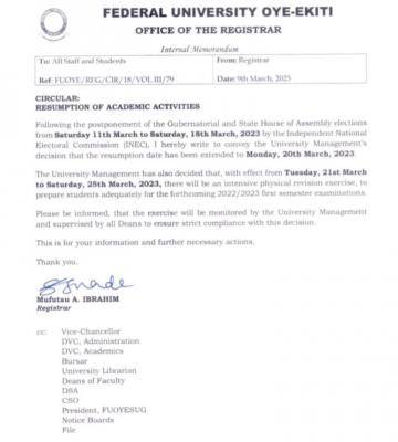 FUOYE resumption notice to students