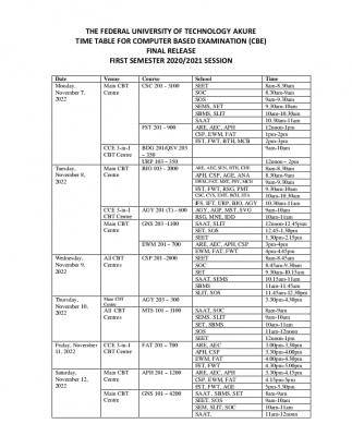 FUTA 1st semester Computer Based Test timetable, 2020/2021