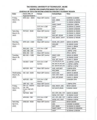 FUTA Second Semester CBT Schedule, 2020/2021