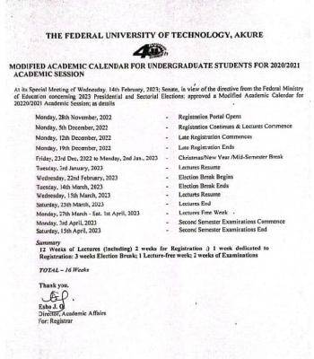 FUTA modified academic calendar for undergraduate, 2020/2021