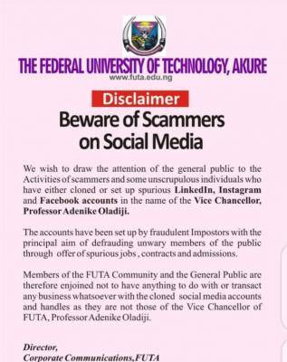 FUTA warns against social media scammers