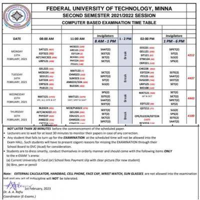 FUTMINNA 2nd semester computer based exam timetable, 2021/2022