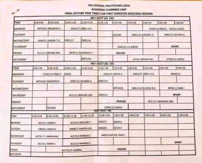 Fed Poly Bida final lecture timetable for 1st Semester, 2022/2023