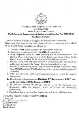 Fed Poly, Daura guidelines for new students registration, 2022/2023 session