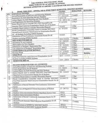 Fed Poly Idah revised approved academic calendar, 2022/2023