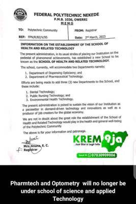 Fed Poly Nekede notice on the establishment of School of Health and Related Technology