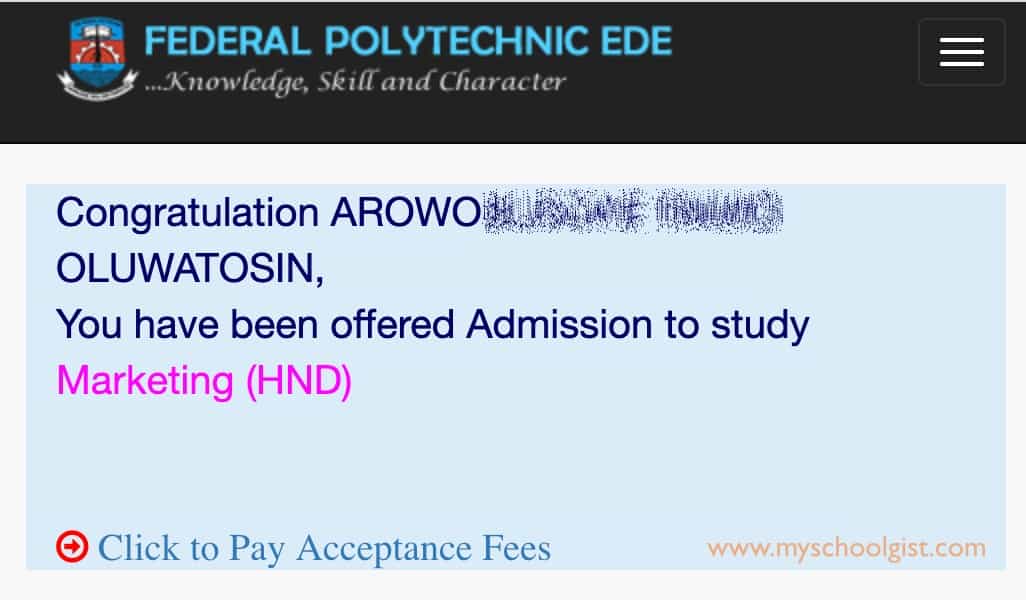 Federal Polytechnic Ede HND Admission List