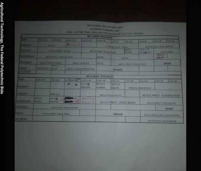 Federal Polytechnic Bida Lecture Time Table for 1st semester, 2022/2023