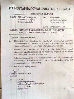 IMAP notice on Resumption date for 1st semester, 2022/2023