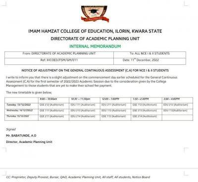 Imam hamzat COE notice on adjustment of Continuous Assessment timetable