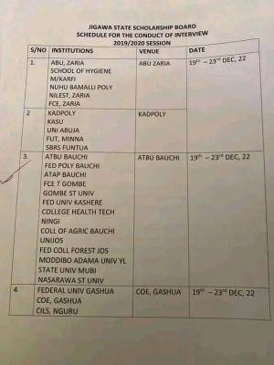 Jigawa State scholarship board schedule for conduct of interview 2019/2020 session