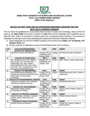 KSUSTA Post-UTME/DE 2022: cut-off mark, eligibility, registration and screening details