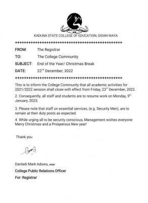 Kaduna State College of Education End of the Year/Christmas break