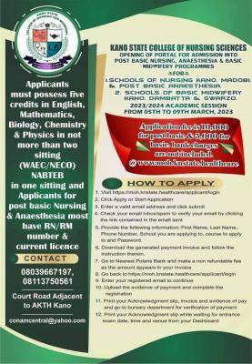 Kano State College of Nursing Basic Midwifery, Post Basic Nursing Admission