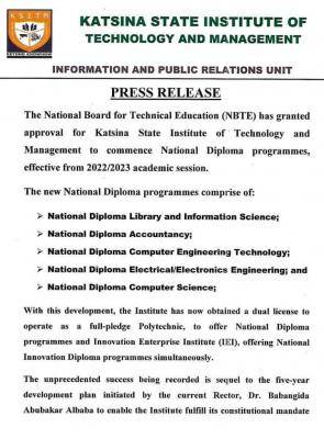 Katsina State Institute of Technology and Management gets approval for new courses