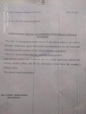 Kazaure College of Health Notice on compulsory hostel accommodation for female Students