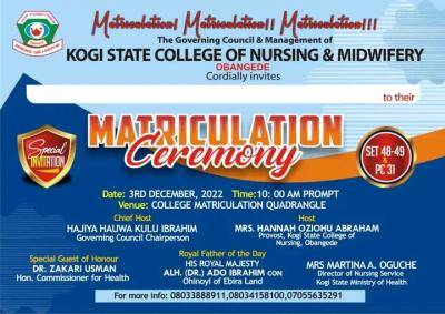 Kogi State College of Nursing & Midwifery announces matriculation ceremony