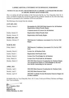 LAUTECH academic calendar for 2021/2022 session (RAIN SEMESTER)