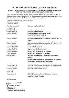 LAUTECH amended Academic Calendar 2021/2022