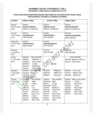 MAUTECH 2nd semester exam time-table, 2020/2021