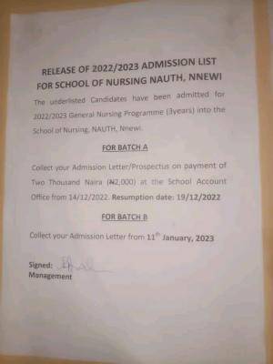 NAUTH School of Nirsing admission list, 2022/2023