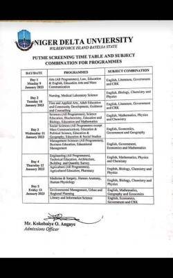 NDU Post-UTME exercise Timetable, 2022/2023