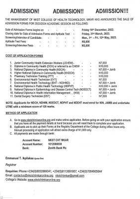 NKST College of Health, Mkar admission form for 2023/2024 session