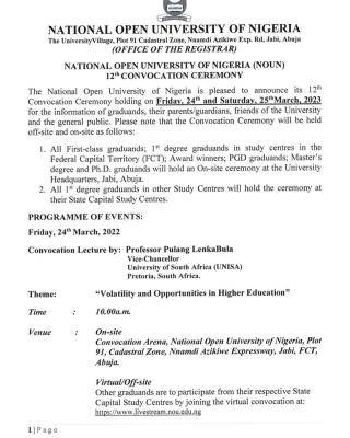 NOUN announces 12th convocation ceremony