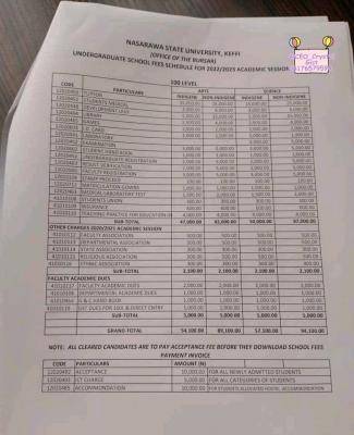 NSUK undergraduate school fees, 2022/2023