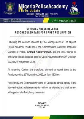 Nigeria Police Academy reschedules cadet resumption