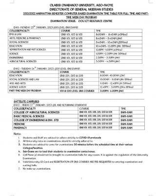 OOU GNS exam timetable for Harmattan Semester, 2021/2022