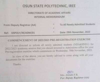 OSPOLY notice to new students on pre-registration exercise, 2022/2023