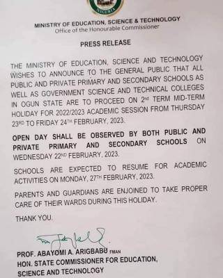 Ogun State announces midterm break