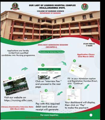 Our Lady of Lourdes Hospital releases Nursing Admission form, 2023/2024 (Batch)