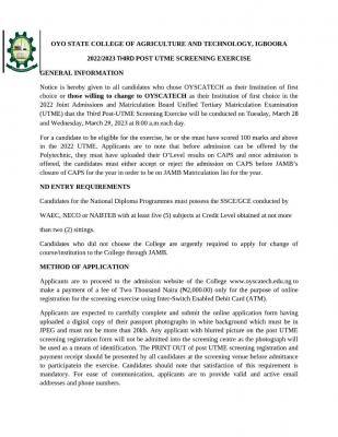 Oyo State College Of Agriculture & Tech 3rd Post-UTME Screening exercise, 2022/2023