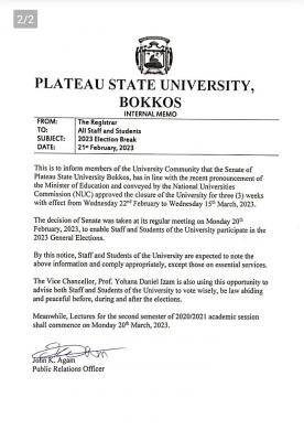 PLASU Notice on Commencement of second semester 2020/2021