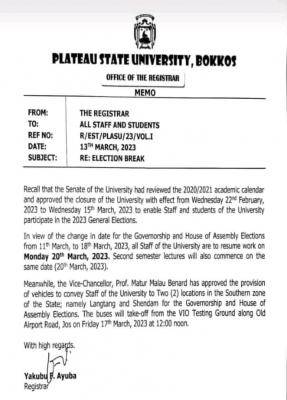 PLASU notice on resumption of academic activities