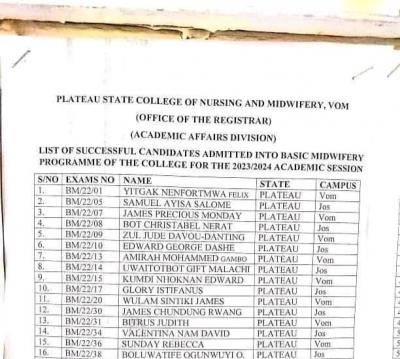 Pleateu State College of Nursing & Midwifery, Vom Basic Midwifery admission list, 2023/2024