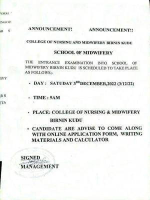 School of Midwifery, Birnin Kudu announces entrance examination date