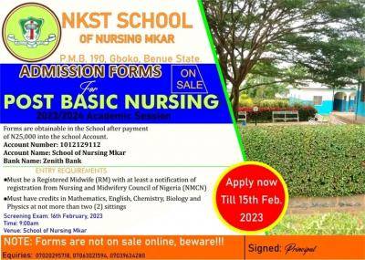 School of Nursing, Mkar Post Basic Nursing Admission form, 2022/2023