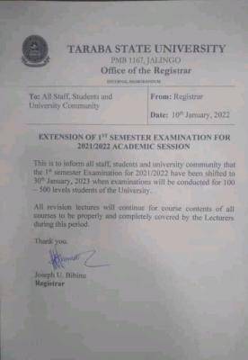 TASU extension of 1st semester examination, 2021/2022