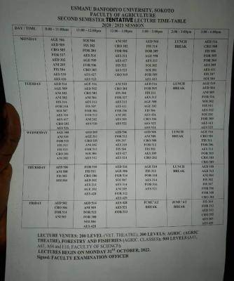 UDUS lectures timetable for second semester, 2021/2022